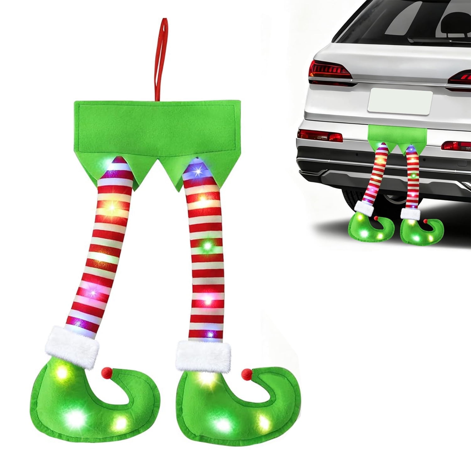 IC ICLOVER Hanging Elf Legs with LED Lights Christmas Car Trunk and Tree Decorations, Green Light up Plush Elf Legs Holiday Season Home Decor