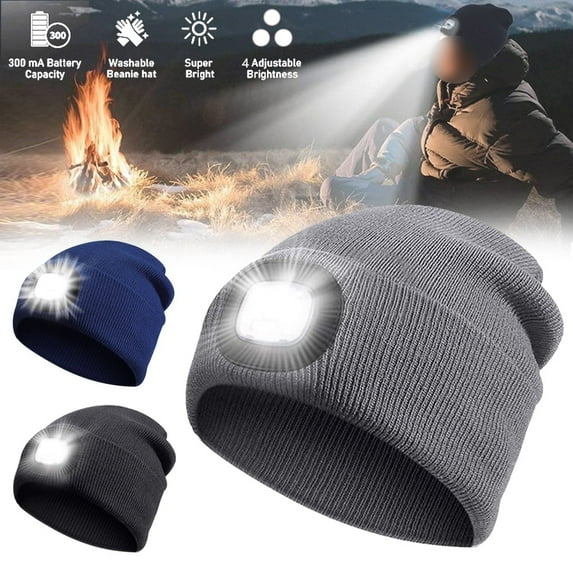 IC ICLOVER LED Beanie Hat with Light, Rechargeable Headlamp Cap, Winter Warm Knit Hats for Safety, Outdoor Dog Walking, Hiking, Skiing, Flashlight Gift for Men Women Dad Teens Gray