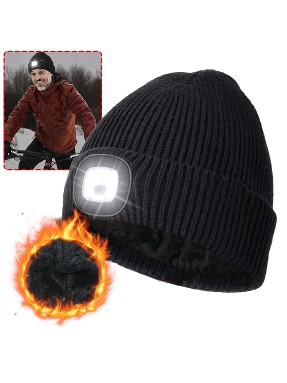 Winter LED Beanie Hat with Light, USB Rechargeable Warm Fleece Lined Knitted Headlight Cap Gifts for Men Women, Black