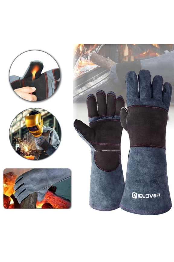Leather Forge/Mig/Stick Welding Gloves Heat/Fire Resistant, Mitts for Oven/Grill/Fireplace/Furnace/Stove 16 inches Gray
