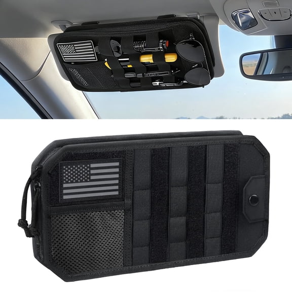 IC ICLOVER Molle Car Sun Visor Organizer, Tactical Car Accessories with Zipper Visor Storage Pouch & Glasses Clip, Semi-Rigid Molle Panel for Trucks, SUVs, Jeeps & Patrol Vehicles