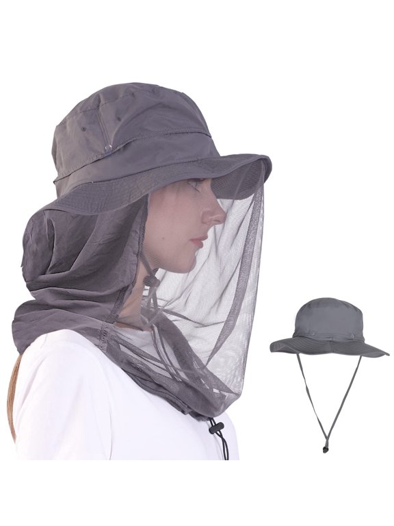 Mosquito Mesh Sun Hat with Hidden Sunproof Netting, Wide Brim Outdoor Cap Bee Bug Protection for Fishing Hiking Gardening, Gray