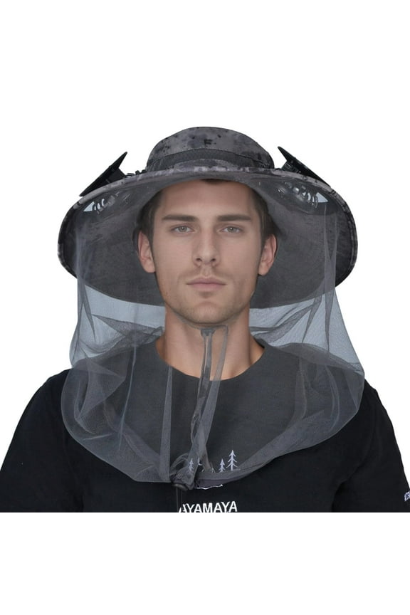 Mosquito Net Hat with Fan Built-in, Wide Brim Solar Fan Hat with Netting, 3 Speeds Adjustable for Men Women Outdoor - Camouflage Gray