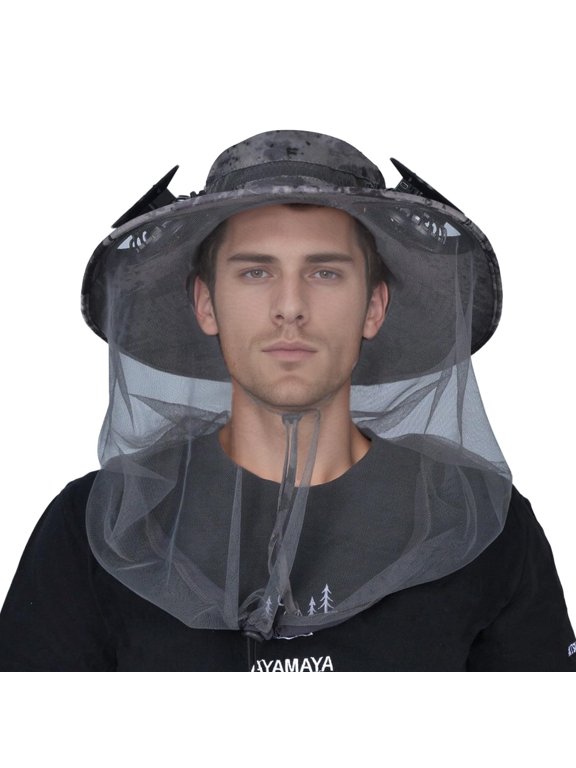 Mosquito Net Hat with Fan Built-in, Wide Brim Solar Fan Hat with Netting, 3 Speeds Adjustable for Men Women Outdoor - Camouflage Gray