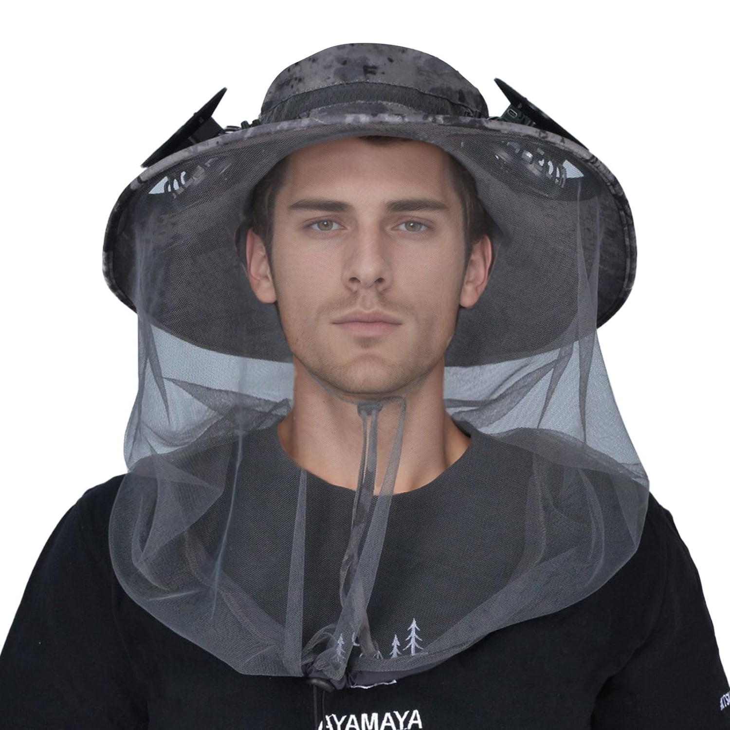 IC ICLOVER Mosquito Net Hat with Fan Built-in, Wide Brim Solar Fan Hat ...