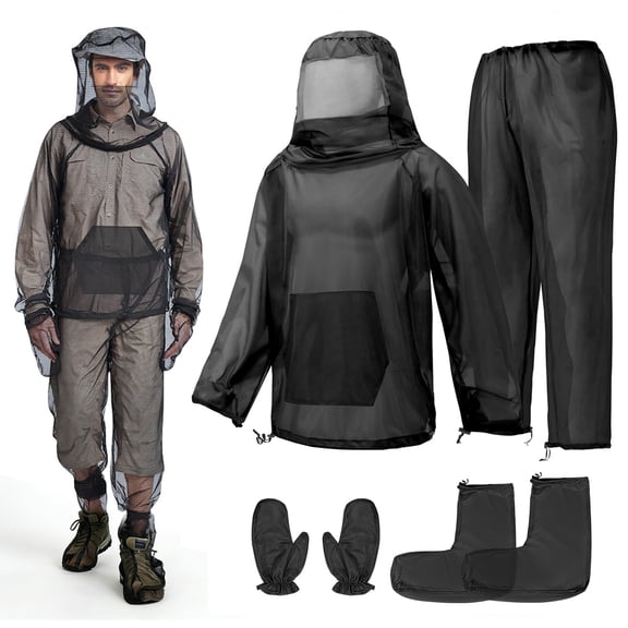 IC ICLOVER Mosquito Suit for Men Women, 4 Pcs Full Body Mosquito Repellent Clothing Bug Suit, Including Jacket, Pants, Gloves, Socks Breathable Net Mesh