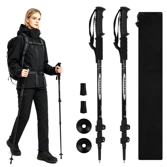 IC ICLOVER Pair 2 Trekking Poles Lightweight Aluminum Hiking Poles with Quick Adjustable Flip Locks, Collapsible Walking Sticks for Women, Men & Seniors, Black