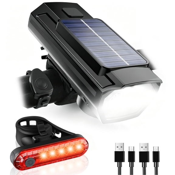 IC ICLOVER Sloar & USB Rechargeable Bike Lights with Horn for Night Riding, 4+4 Modes & IP65 Waterproof Bicycle Lights Front and Rear, Safety Bike Headlight Sports Scooter Accessories