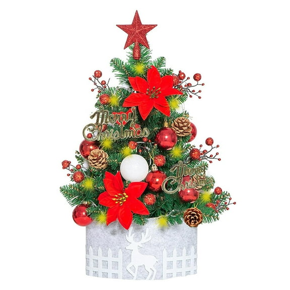 IC ICLOVER Small Tabletop Christmas Tree with LED String Lights, 2ft Artificial Mini Christmas Pine Tree with Hanging Ornaments and Stand for Holiday Home Office Decoration