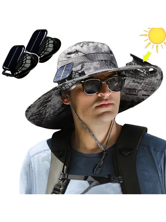 Solar Powered Fan Hat Wide Brim for Outdoor Fishing, Boonie Sun Hat with 2 Solar Fans, 3 Speed Adjustable - Camouflage