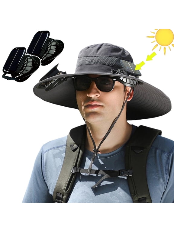 Solar Powered Fan Hat Wide Brim for Outdoor Fishing, Boonie Sun Hat with 2 Solar Fans, 3 Speed Adjustable - Gray