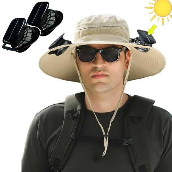 IC ICLOVER Solar Powered Fan Hat Wide Brim for Outdoor Fishing, Boonie Sun Hat with 2 Solar Fans, 3 Speed Adjustable - Khaki