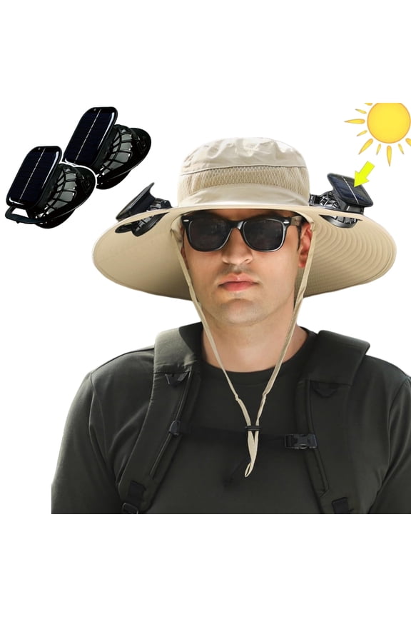 Solar Powered Fan Hat Wide Brim for Outdoor Fishing, Boonie Sun Hat with 2 Solar Fans, 3 Speed Adjustable - Khaki