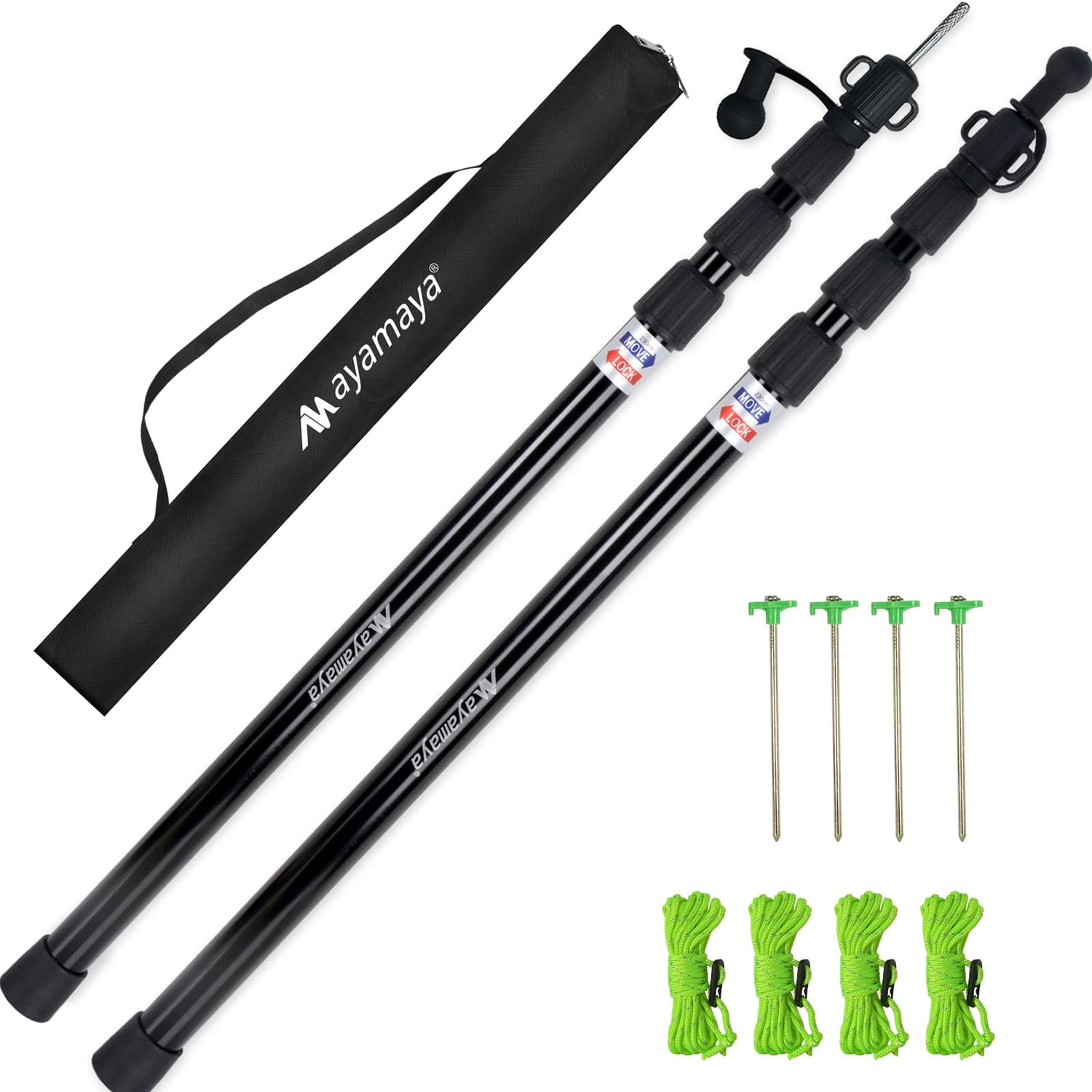 IC ICLOVER Tarp Poles - Telescoping Camping Tent Poles Replacement, Upgraded 4-Section Heavy Duty Aluminum Rods with Stakes \u0026 Guylines for Rain Fly, Camping Shelter, Awning Canopy RV Car, Set of 2