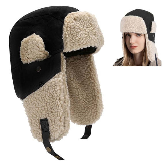 IC ICLOVER Trapper Hat with Ear Flaps for Men Women, Outdoor Warm Winter Hat Aviator Windproof Ski Cap, Black