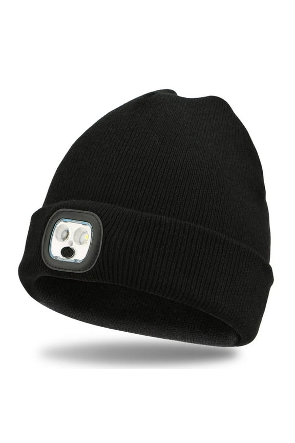 Unisex Beanie Hat with Light, Rechargeable LED Headlamp Cap Winter Warm Knitted Hats for Women Men Gifts - Black