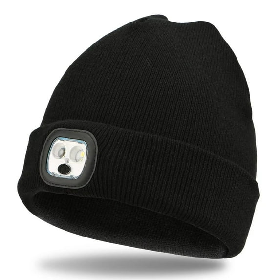 IC ICLOVER Unisex Beanie Hat with Light, Rechargeable LED Headlamp Cap Winter Warm Knitted Hats for Women Men Gifts - Black