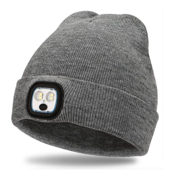 IC ICLOVER Unisex Beanie Hat with Light, Rechargeable LED Headlamp Cap Winter Warm Knitted Hats for Women Men Gifts - Gray