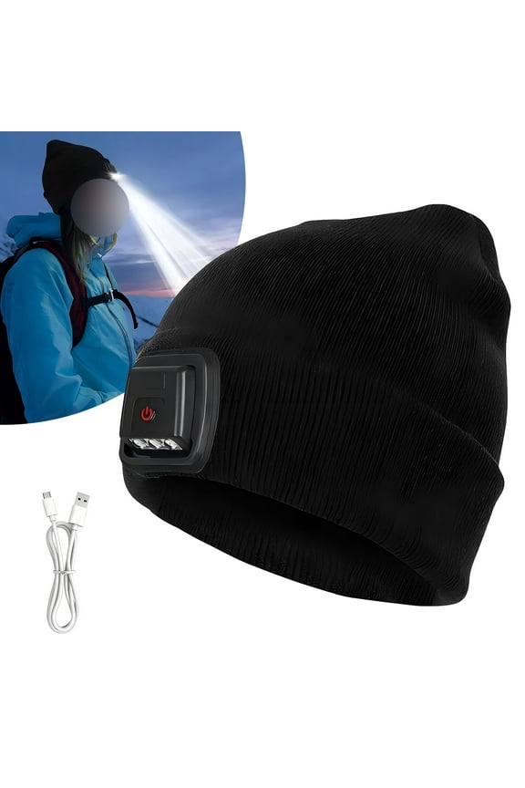 Unisex Beanie Hat with Light, Rechargeable Warm Knitted Cap, Light Up Hat Winter Gifts for Men Women, Black