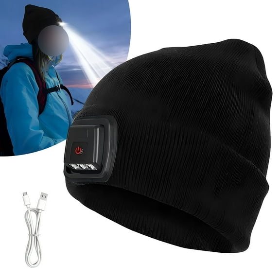 IC ICLOVER Unisex Beanie Hat with Light, Rechargeable Warm Knitted Cap, Light Up Hat Winter Gifts for Men Women, Black