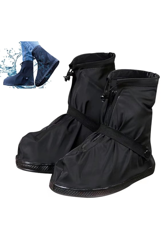 Waterproof Zippered Shoe Covers, Reusable Rain Boots Overshoes Protector Anti-Slip for Men Women (X-Large, Black)