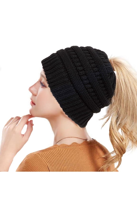 Winter Hat Ponytail Beanie Hat for Women, Soft Stretch Cable Knit Messy Bun Beanie,Trendy and Warm - Black