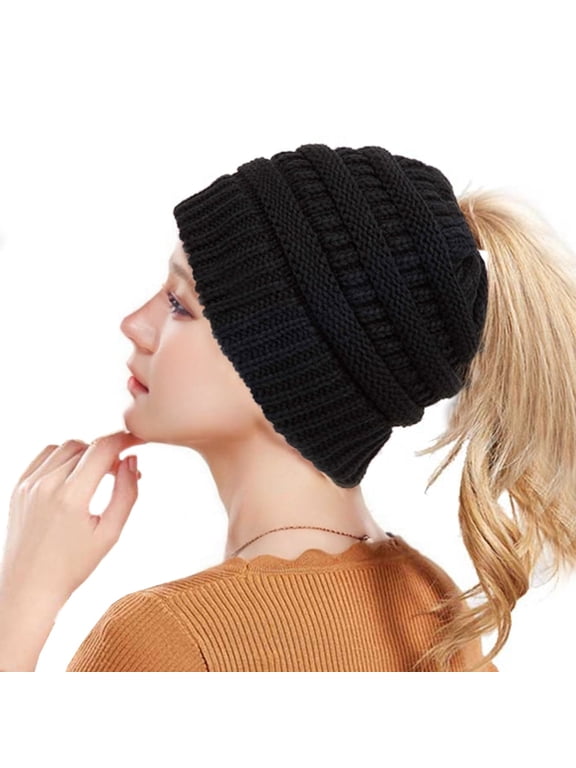 Winter Hat Ponytail Beanie Hat for Women, Soft Stretch Cable Knit Messy Bun Beanie,Trendy and Warm - Black