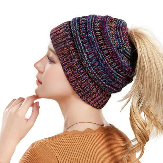 IC ICLOVER Winter Hat Ponytail Beanie Hat for Women, Soft Stretch Cable Knit Messy Bun Beanie,Trendy and Warm - Multicolor