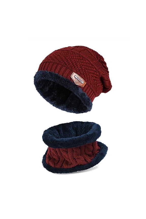 Winter Hats for Adults, Knit Beanie Cap and Circle Scarf Set with Fleece Lining 2-Piece Slouchy Thick Neck Warm Knitting Skull Cap Headwear for Men/Women - Red
