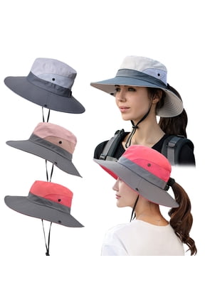 Women Summer Sun Hat Wide Brim Outdoor UV Protection Hat Foldable Ponytail Bucket Cap for Beach Travel Hiking Gardening with Adjustable Chin Strap, Pink