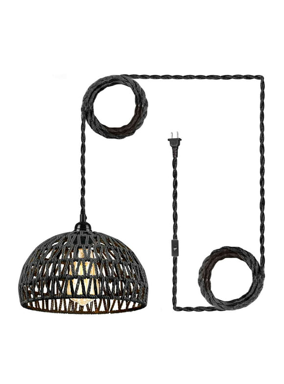 IC INSTANT COACH 1-Light Pendant Light, Dense Paper Birch Woven Basket Chandelier with Twist Hemp Hanging Cord E26 Plug in Coastal Pendant Light Fixtures for Dining Room Living Room Kitchen Island Foy