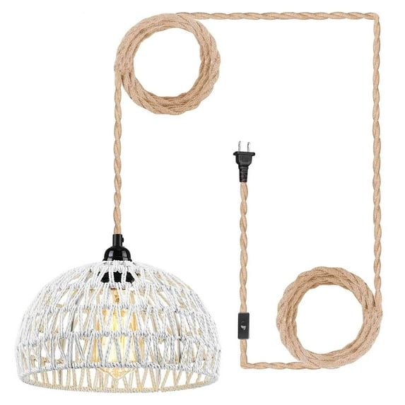 IC INSTANT COACH 1-Light Pendant Light, Dense Paper Birch Woven Basket Chandelier with Twist Hemp Hanging Cord E26 Plug in Coastal Pendant Light Fixtures for Dining Room Living Room Kitchen Island Foy