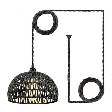 IC INSTANT COACH 1-Light Pendant Light, Dense Paper Birch Woven Basket Chandelier with Twist Hemp Hanging Cord E26 Plug in Coastal Pendant Light Fixtures for Dining Room Living Room Kitchen Island Foy
