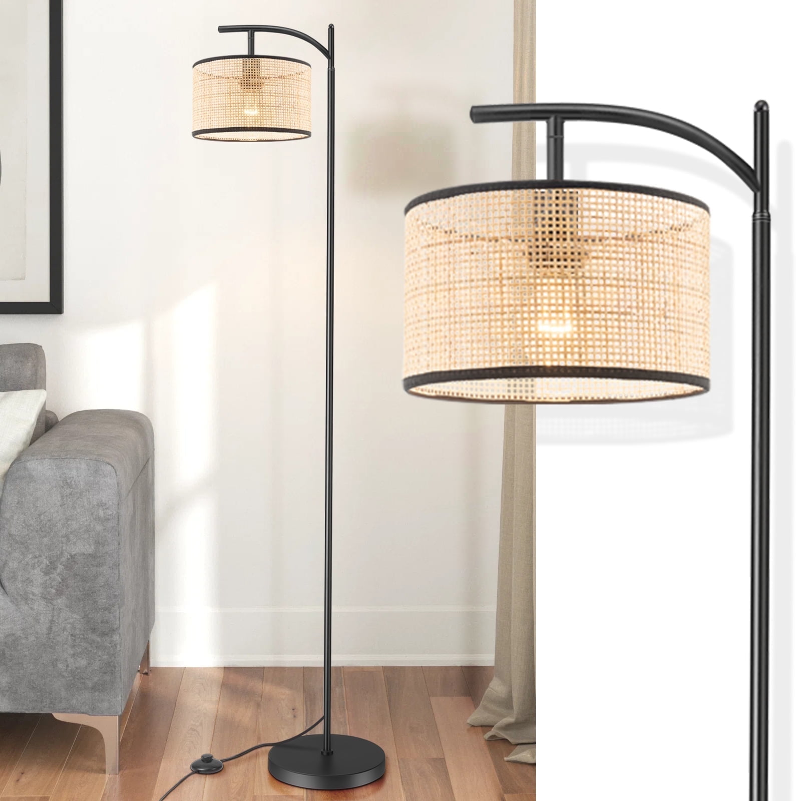 IC INSTANT COACH Boho Rattan Floor lamp, Farmhouse Standing Light with ON/OFF Switch E26 Lights for Bedrooms Living Room