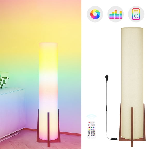 IC INSTANT COACH Brightech Parker Modern Floor Lamp - 4FT LED Fabric Lantern w/ Wood Base | Mid-Century Lighting for Living Room, Bedroom & Office
