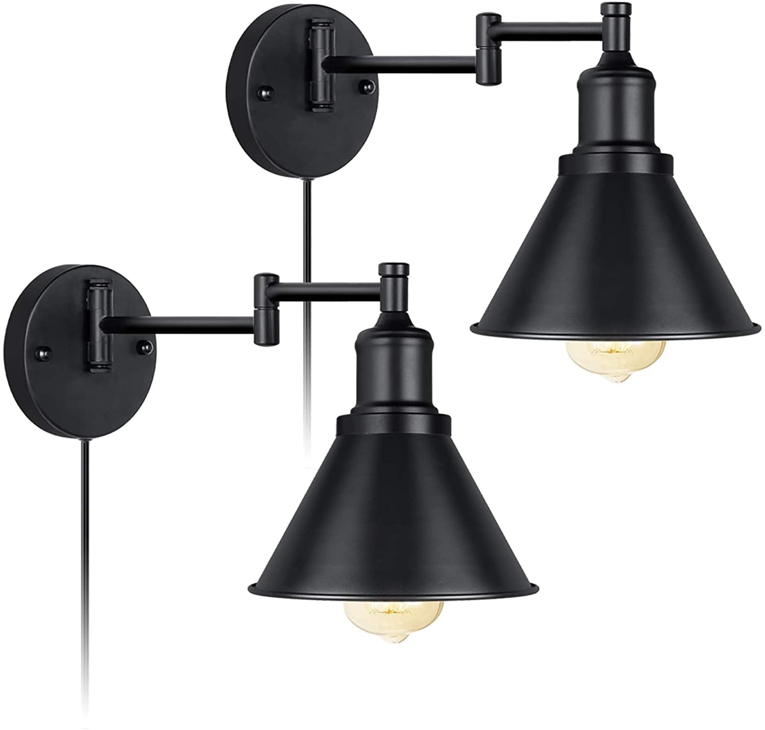 IC Swing Arm Wall Light Fixtures Set of 2 Wall Light Plug-in Cord with On Off Switch on Cord Industrial Wall Sconce Black Finish