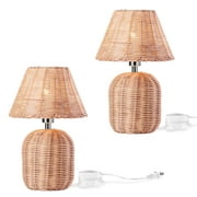 IC INSTANT COACH Farmhouse Rattan Table Light, Pure Hand Weaving Beside Table Lamp, Wicker Nightstand Lamp for Desktop Art Decor Home Office (2-Light)
