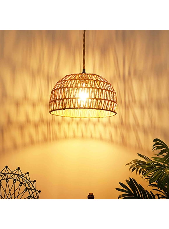 IC INSTANT COACH Woven Pendant Lights, Brown Woven Rattan Shade, Hemp Rope Hanging Cord with Switch, E26 Farmhouse Chandelier Pendant Light Fixtures for Kitchen Island, Dining Room, Living Room, Bedro