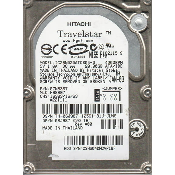 IC25N020ATCS04-0, PN 07N8367, MLC H68897, Hitachi 20GB IDE 2.5 Hard Drive
