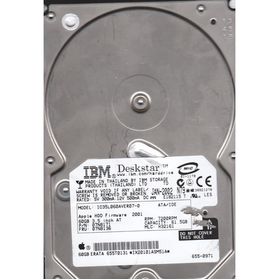 IC35L060AVER07-0, PN 07N8171, MLC H32161, IBM 61.5GB IDE 3.5 Hard Drive