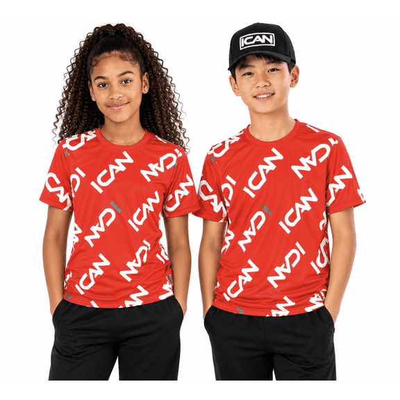 ICAN Kids All-Over Logo Sublimated T-Shirt - Red, Size L