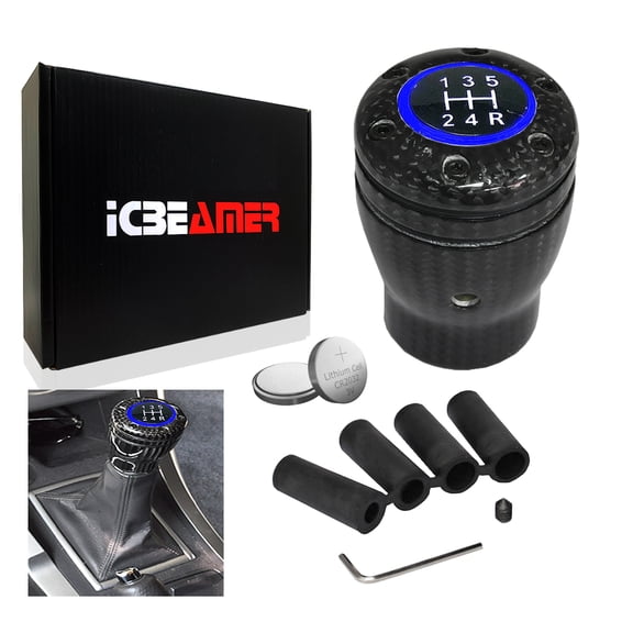 ICBEAMER 100% Real Carbon Fiber Shift Knob Blue LED Light Top Glow, Fit Buttonless Automatic & 4, 5, 6 Speed Manual Transmission Interior Car Gear Lever Stick Shift Racing Style [Battery Included]