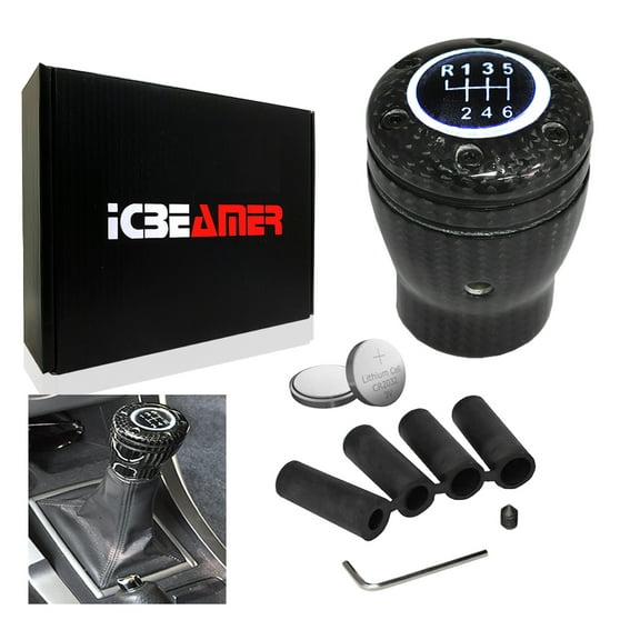 ICBEAMER 100% Real Carbon Fiber Shift Knob White LED Light Top Glow, Fit Buttonless Automatic & 4, 5, 6 Speed Manual Transmission Interior Car Gear Lever Stick Shift Racing Style [Battery Included]