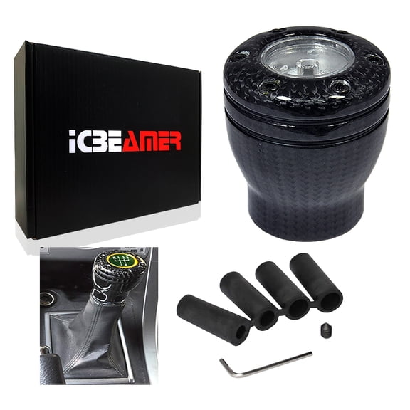 ICBEAMER 100% Real Carbon Fiber Shift Knob Yellow LED Light Top Glow, Fit Buttonless Automatic & 4, 5, 6 Speed Manual Transmission Interior Car Gear Lever Stick Shift Racing Style [Battery Included]
