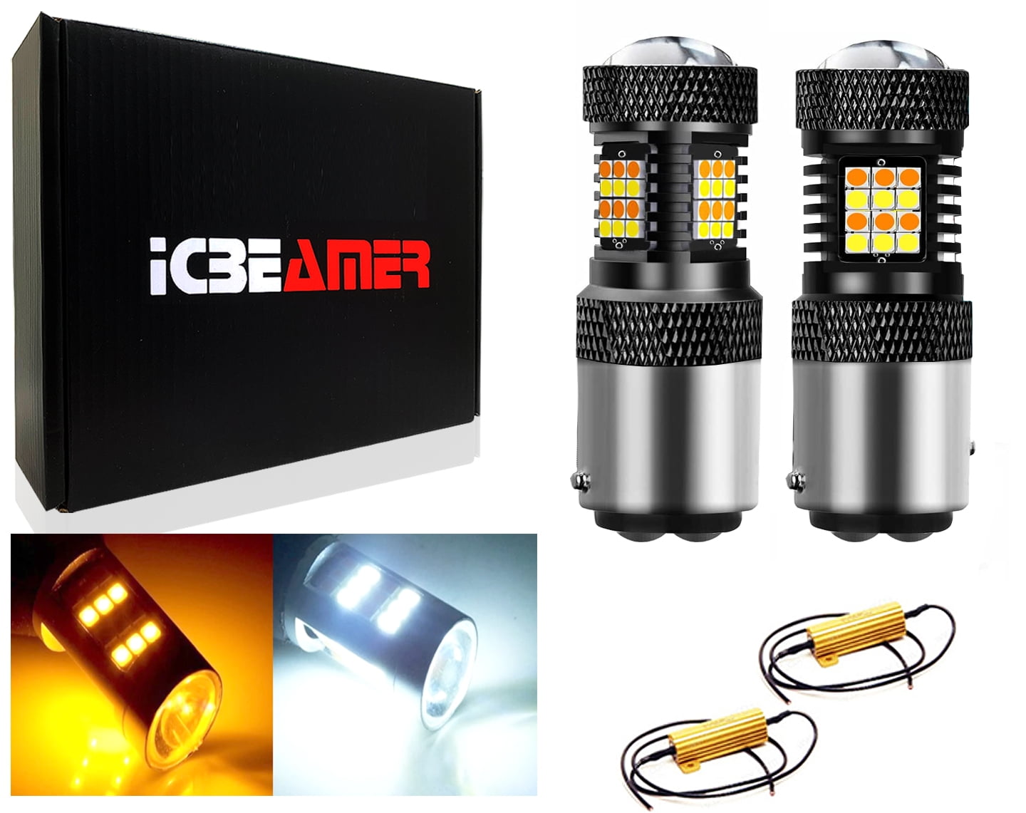 ICBEAMER 1157 2057 2357 7528 BAY15D P21/5W Switchback LED Bulbs 42SMD Chipsets Parking Lights / Daytime Running Lights / DRL and Turn Signal Lights with Projector replacement, White/Amber (Pack of 2)