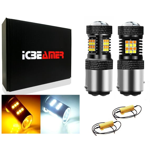 ICBEAMER 1157 2057 2357 7528 BAY15D P21/5W Switchback LED Bulbs 42SMD Chipsets Parking Lights / Daytime Running Lights / DRL and Turn Signal Lights with Projector replacement, White/Amber (Pack of 2)