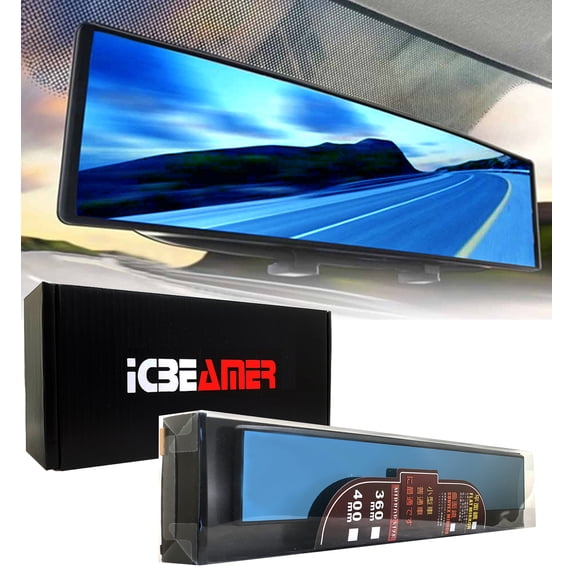 ICBEAMER 15.8" Car Rear View Mirror, HD Blue Tint, Panoramic Wide Angle Flat Surface, 2 Interior Retractable Rubber Clips, Anti Glare, Automotive Accessories Universal for Truck, Car, SUV, 1 Pack