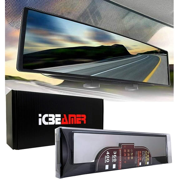 ICBEAMER 15.8" Car Rear View Mirror, HD Clear Tint, Panoramic Wide Angle Flat Surface, 2 Interior Retractable Rubber Clips, Anti Glare, Automotive Accessories Universal for Truck, Car, SUV, 1 Pack