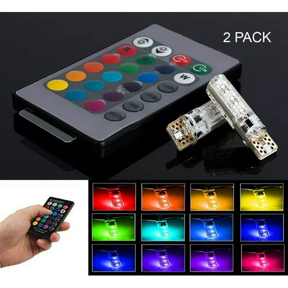 ICBEAMER 2 pack T10 168 194 Car Interior RGB LED Tail light Bulb W5W Marker Remote Control Dome Wedge License Plate Trunk Light Bulbs