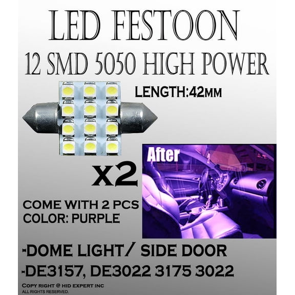 ICBEAMER 2 x Purple 42mm DE3175 DE3022 12-SMD LED Bulbs For Dome Light